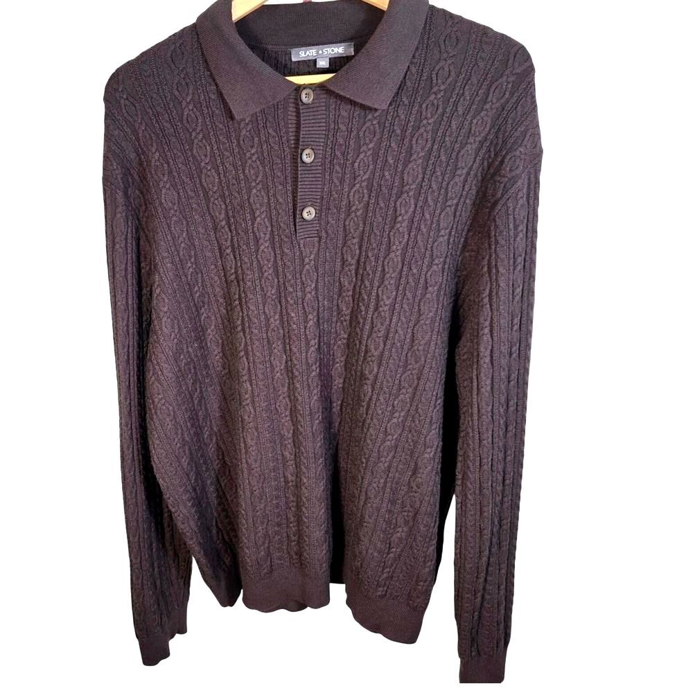 Slate & Stone Men's Cable Knit Polo Sweater Brown Size XXL 2XL Soft Knit